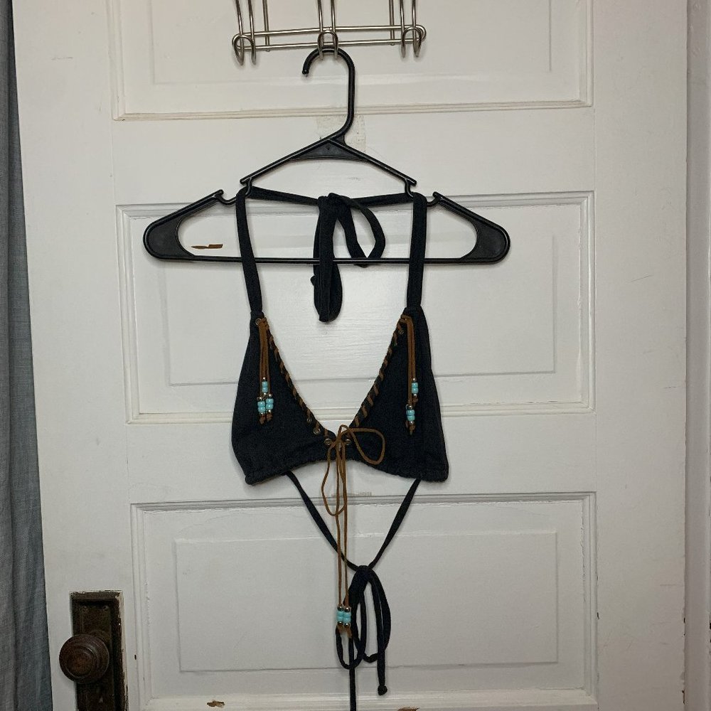 iHeartRaves Black Halter Top Decorated w/Brown Strings & Blue Beads Size L/XL